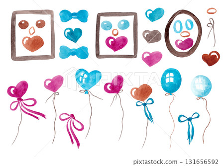 A large set of watercolor elements for your design: multi-colored balloons on strings, hearts, beads, and frames A large set of watercolor elements for your design: multi-colored balloons on strings, hearts, beads, and frames 131656592