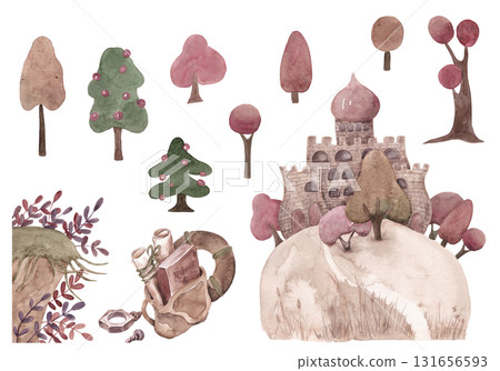 Autumn trees, Christmas trees, a coastal cliff, and a castle on a hill. Pastel colors. A set of isolated illustrations for your design Autumn trees, Christmas trees, a coastal cliff, and a castle on a hill. Pastel colors. A set of isolated illustrations for your design 131656593