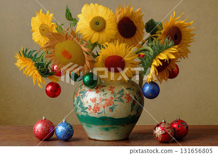 Vibrant sunflowers in a decorative vase with holiday ornaments on a wooden table Vibrant sunflowers in a decorative vase with holiday ornaments on a wooden table 131656805