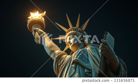 Statue of Liberty stands tall with a glowing torch in the night sky over New York City 131656871