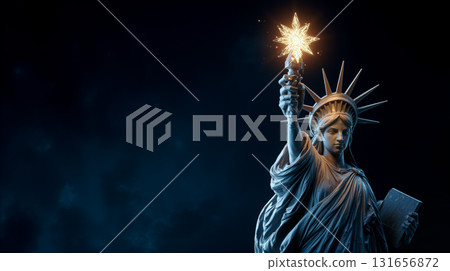 Statue of Liberty stands proudly holding a glowing torch in the night sky with a vibrant atmosphere 131656872