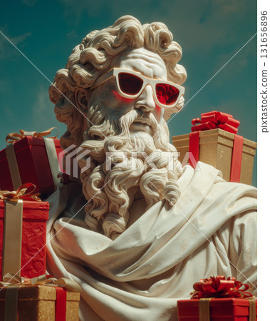 Michelangelo's Moses statue adorned with sunglasses and surrounded by colorful gifts in a playful display Michelangelo's Moses statue adorned with sunglasses and surrounded by colorful gifts in a playful display 131656896