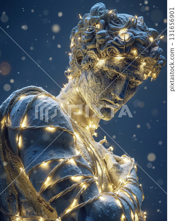 David statue wrapped in glowing string lights during a nighttime display in a festive setting 131656901