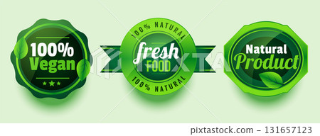 set of three 100% natural organic product green label or sticker design 131657123