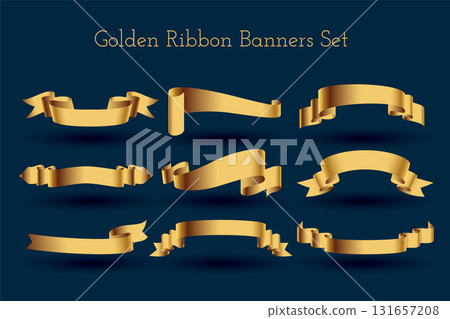 realistic and golden ribbon tape element banner in collection 131657208