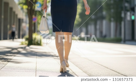 一位身穿西裝、腳踩高跟鞋的女士在辦公區人行道上行走的背影 131657373