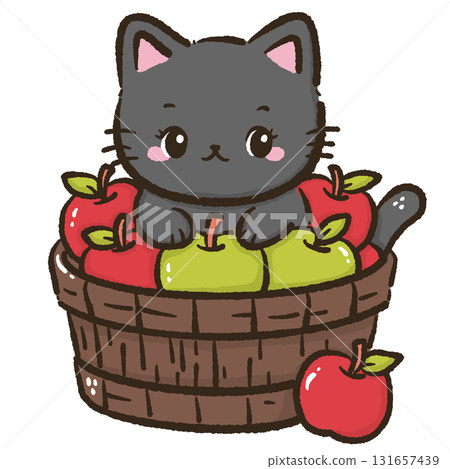 Black cat sitting in basket full of apples cute autumn harvest illustration kawaii farmhouse fall orchard animal art for cards stickers and seasonal decor 131657439