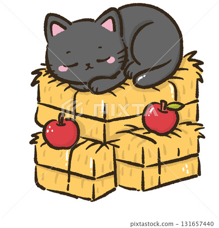Black cat sleeping on hay bales with apples cute farmhouse autumn harvest illustration kawaii cozy fall orchard animal art for cards stickers and seasonal decor 131657440