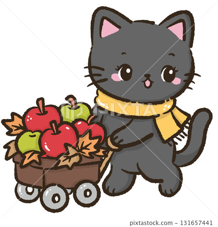 Black cat pulling wagon full of red and green apples cute farmhouse autumn harvest illustration kawaii cozy fall orchard theme for cards stickers and seasonal decor 131657441