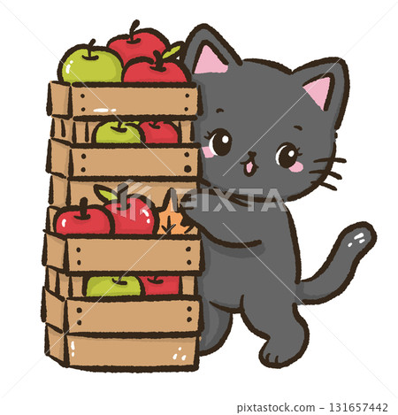 Black cat stacking wooden crates full of red and green apples cute autumn harvest illustration kawaii farmhouse fall orchard theme for cards stickers and decor 131657442
