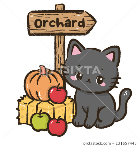 Black cat sitting beside orchard sign with pumpkin and apples cute autumn harvest illustration kawaii farmhouse fall orchard theme for cards stickers and decorations Black cat sitting beside orchard sign with pumpkin and apples cute autumn harvest illustration kawaii farmhouse fall orchard theme for cards stickers and decorations 131657443