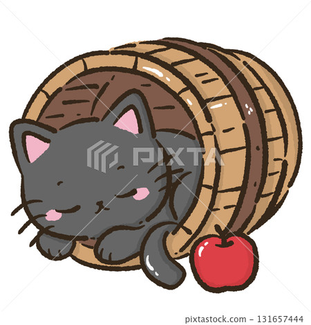 Black cat sleeping in wooden barrel with apple cute farmhouse autumn harvest cat illustration kawaii cozy fall orchard theme for cards stickers and decorations Black cat sleeping in wooden barrel with apple cute farmhouse autumn harvest cat illustration kawaii cozy fall orchard theme for cards stickers and decorations 131657444