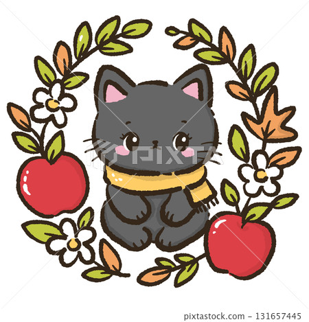 Black cat sitting in apple wreath with flowers and leaves cute autumn harvest illustration kawaii fall orchard theme for cards stickers and cozy seasonal decoration Black cat sitting in apple wreath with flowers and leaves cute autumn harvest illustration kawaii fall orchard theme for cards stickers and cozy seasonal decoration 131657445