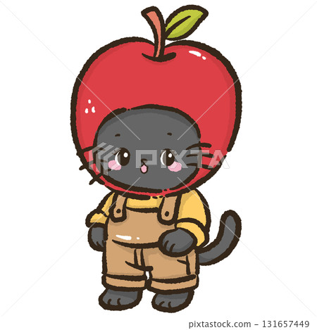 Black cat wearing apple head cute farmhouse autumn harvest cat illustration kawaii fall orchard animal art cozy apple costume theme for cards stickers and seasonal decor 131657449