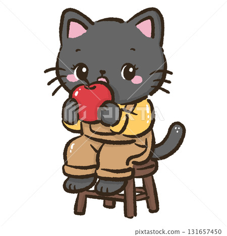Black cat eating red apple cute farmhouse autumn harvest cat illustration kawaii fall orchard animal art cozy apple snack theme for cards stickers and seasonal decor 131657450