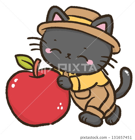 Black cat hugging red apple cute farmhouse autumn harvest cat illustration kawaii fall orchard animal art cozy apple picking theme for cards stickers and decor 131657451