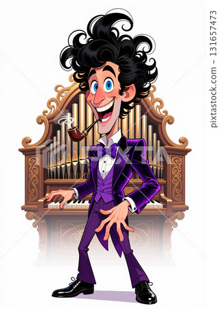 Man playing an organ, wearing a purple suit and smoking a pipe. 131657473