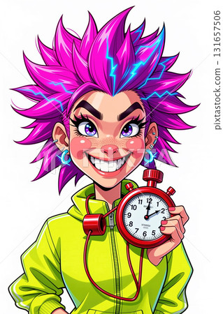 Cartoon girl with pink hair and stopwatch. Cartoon girl with pink hair and stopwatch. 131657506