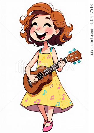 Cartoon girl playing ukulele and smiling. Cartoon girl playing ukulele and smiling. 131657518