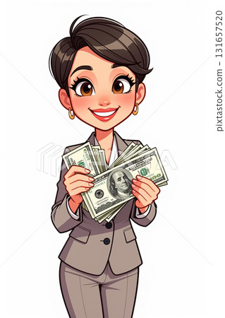 Cartoon woman holding money. 131657520