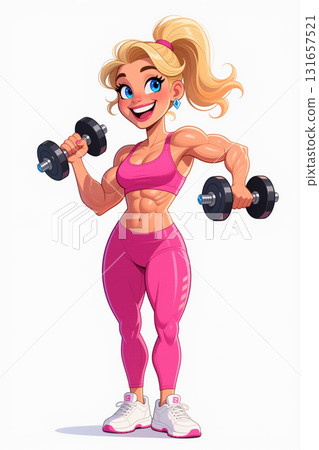 Muscular blonde woman lifting dumbbells. 131657521