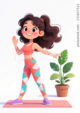 Cartoon girl exercising on a pink mat. 131657522