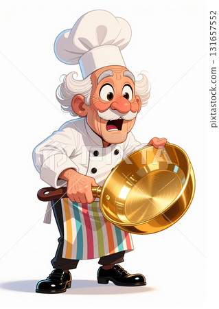 Elderly chef with golden pan. Elderly chef with golden pan. 131657552