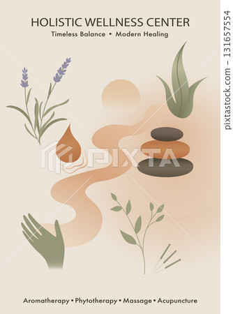 Holistic wellness center poster with natural healing elements for balance and relaxation Holistic wellness center poster with natural healing elements for balance and relaxation 131657554