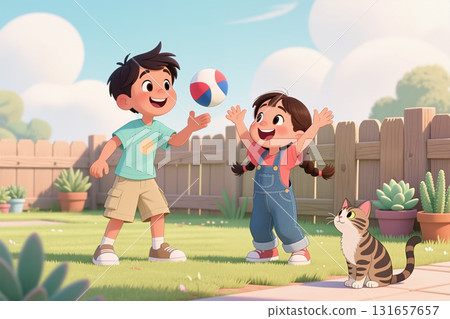 Kids playing with ball, cat watching. 131657657