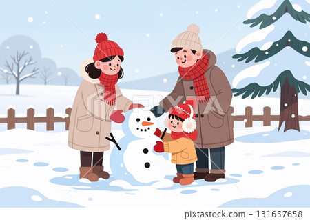 Kids building a snowman together. 131657658