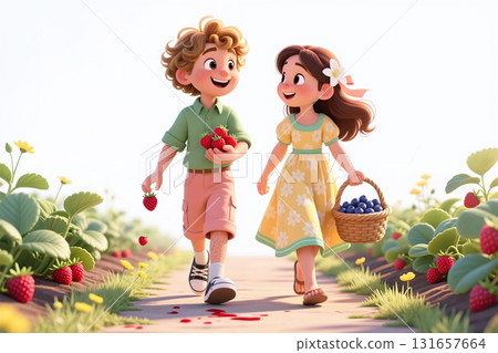 Happy boy and girl walking in a strawberry field, holding fruits. 131657664