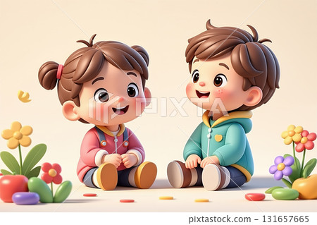 Two children sitting together surrounded by flowers and toys. 131657665
