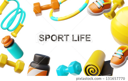 Oval 3D frame with fitness equipment, dumbbell, hula hoop, jump rope, mat, sneakers, and vitamins. 131657770