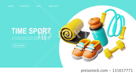 Time sport 3D cartoon plastic style vector landing page design, fitness gym equipment, dumbbell, jump rope and yoga mat 131657771