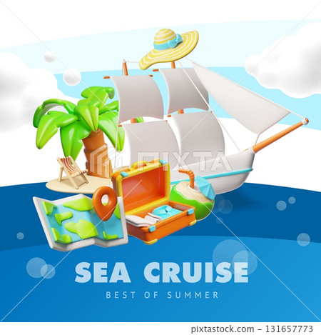3D poster of a yacht cruise, with sailboats, map, palm tree, deck chair, hat, and map. 131657773