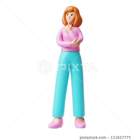 Serious woman with red hair thinking, 3D vector doubt lady character decides putting a finger on the chin full height 131657775