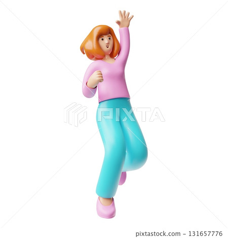 Happy smiling woman with red hair greeting hand gesture, hand up five fingers vector 3D cartoon female jumping celebrate Happy smiling woman with red hair greeting hand gesture, hand up five fingers vector 3D cartoon female jumping celebrate 131657776