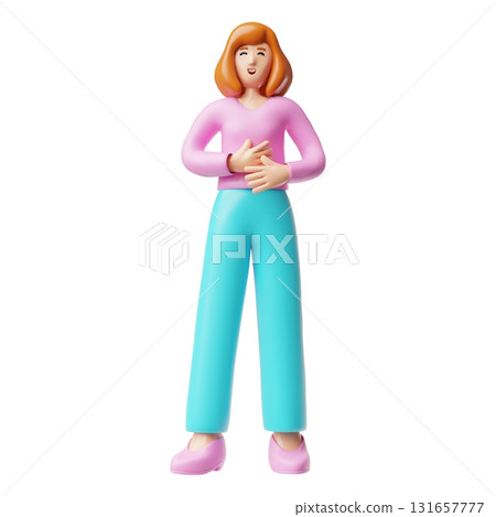 Happy woman with red hair, 3D vector cartoon female character wear pink blouse holding stomach from laughter full height 131657777