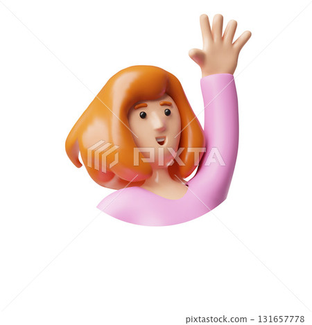Happy jumping cheerful woman with red hair greeting hand gesture, hand up five fingers 3D vector face avatar round frame Happy jumping cheerful woman with red hair greeting hand gesture, hand up five fingers 3D vector face avatar round frame 131657778