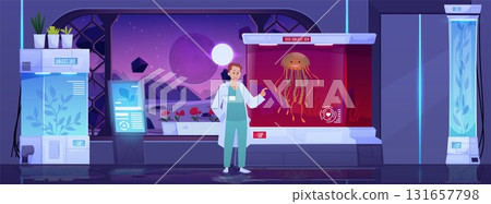 Space laboratory with scientist, creepy jellyfish in aquarium, under red light. 131657798