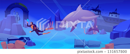 Male diver underwater with ominous shark, rocks, ruins and sunken ship. 131657800
