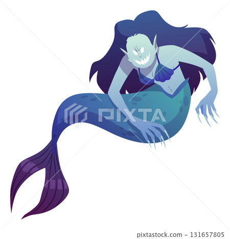 Sinister mermaid with a creepy expression, long ears, claws, hair, fish tail, blue color. 131657805