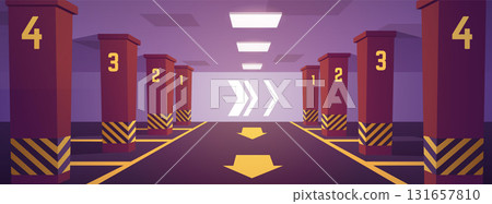 Underground parking with numbered columns, markings, arrows, burning lamps on the ceiling. 131657810