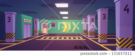 Underground parking with elevator, door, numbered spaces, markings, burning lamps. 131657811