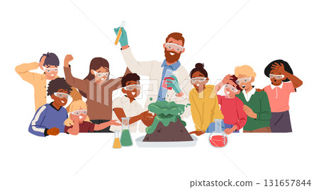 Teacher showcasing chemical scientific experiment for schoolchildren during lesson isolated on white Teacher showcasing chemical scientific experiment for schoolchildren during lesson isolated on white 131657844
