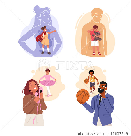 Young man woman with inner child showcasing positive and negative emotions isolated cartoon scene 131657849