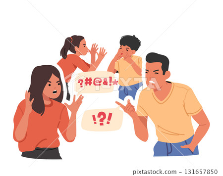 Aggressive furious man and woman yelling and quarrelling loudly with angry irritated inner child 131657850