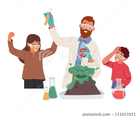Interactive chemistry school lesson cartoon scene with experienced teacher and students characters 131657851