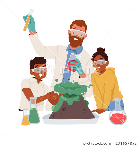 Happy teacher and children wearing protective goggles making laboratory chemical experiment 131657852