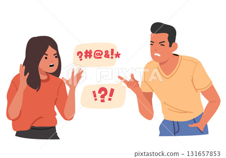 Quarrelling man and woman shouting and yelling showcasing rage and rudeness isolated on white 131657853